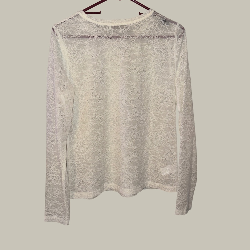 LOFT Lace Top Women Large White Long Sleeve Floral Sheer Stretch Crew Neck